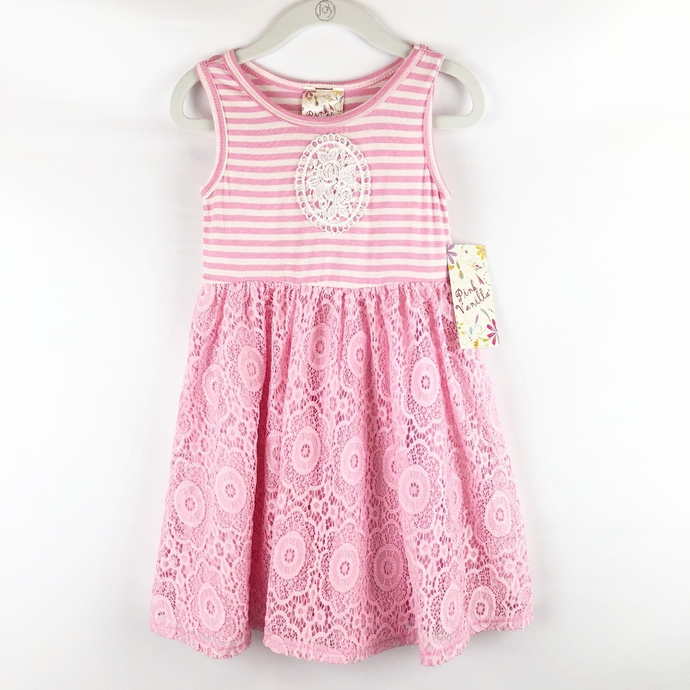 NWT Girls Pink White Striped Lace Tank Dress SZ 4